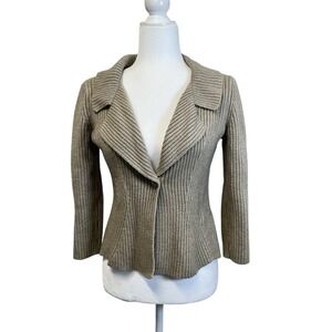 ST. JOHN Ribbed Knit Blazer Cardigan Wool Rayon Blend Notch Collar Beige Size‎ M